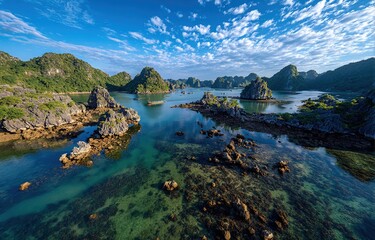  Aerial Landscape of Halong Bay Vietnam with Limestone Karsts Rising from Emerald Water and Sailing Junk Boat, for Travel Guide, Nature Magazine, and Scenic Wall Art.