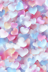 A vibrant collage of pastel hearts in various sizes and colors, creating a whimsical background