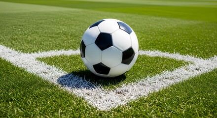 Soccer Ball on Corner Mark with Copy Space on Green Grass Field