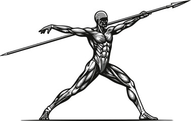 Muscular figure in dynamic pose, holding a spear, with detailed anatomical rendering in black and white.