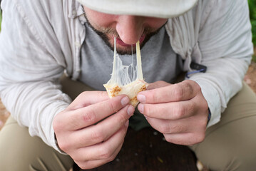 Man eating a toasted ham and cheese sandwich outdoors, traveler eating lunch at his camping site....