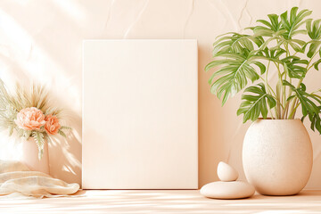 Canvas art piece with plants  vases, perfect for interior design, home decor, art blogs, gardening websites, or social media posts.