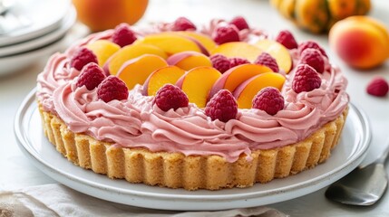 Delicious Peach Raspberry Cream Tart with Fresh Fruits Garnish