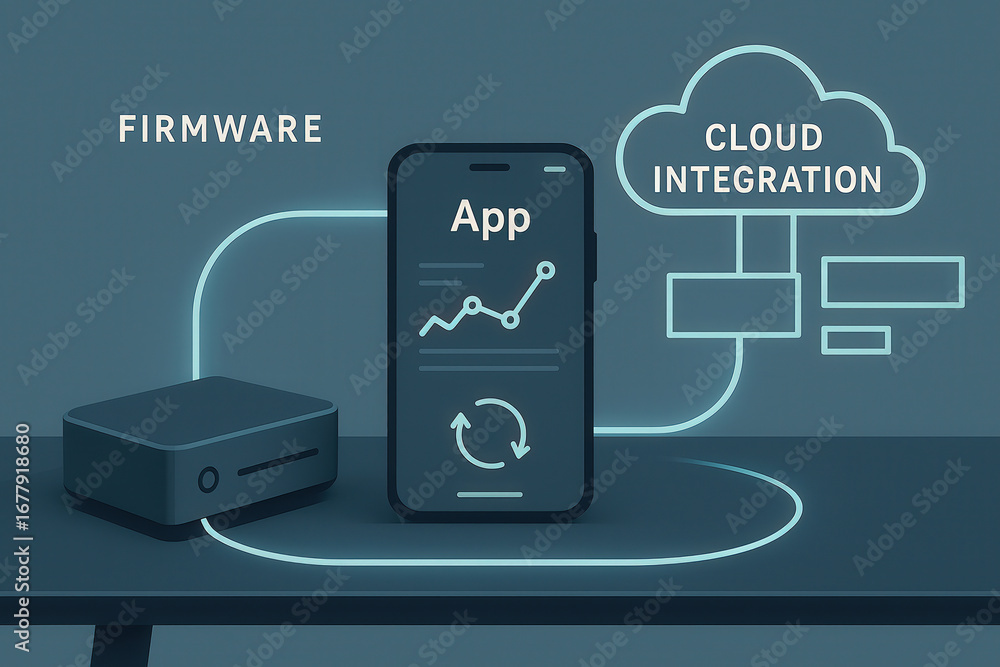 Aufkleber illustration of smartphone app connected to firmware and cloud integration system. concept of iot, s