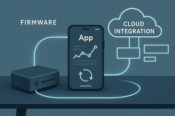 Illustration of smartphone app connected to firmware and cloud integration system. Concept of IoT, software development, and digital connectivity
