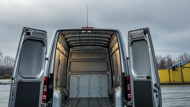 Open back doors of a silver delivery van, ready for loading and transport.