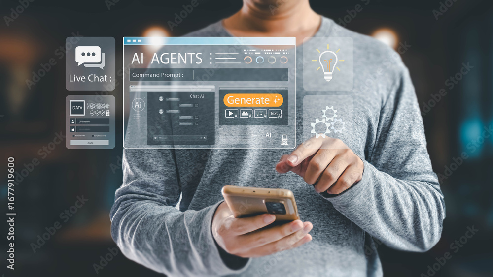 Aufkleber a man in a gray shirt uses his smartphone to command ai agents on a transparent virtual screen, gene