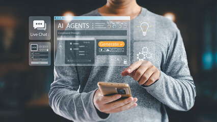 A man in a gray shirt uses his smartphone to command AI agents on a transparent virtual screen, generating text, images, and ideas with a futuristic user interface.
