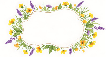 Elegant Watercolor Floral Frame with Yellow and Purple Spring Flowers