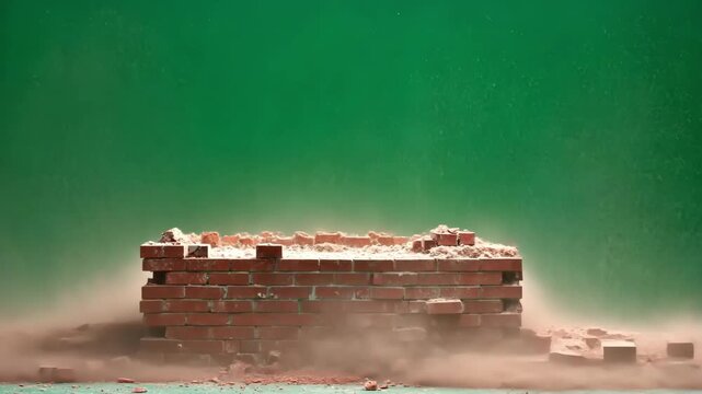 Brick wall exploding with dust against a green screen background. Destruction.