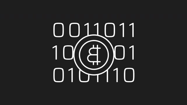 Bitcoin core white line animation. Bitcoin core animation on binary code backdrop. Ideal for finance, technology, cryptocurrency themes in presentations, websites, and marketing.