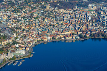 Fototapeta premium Lugano in Switzerland viewed from Monte San Salvatore