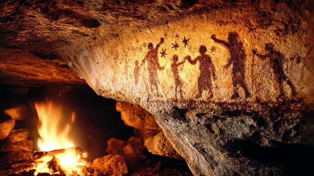 Ancient cave painting depicting figures near a fire, illuminated in the dark.