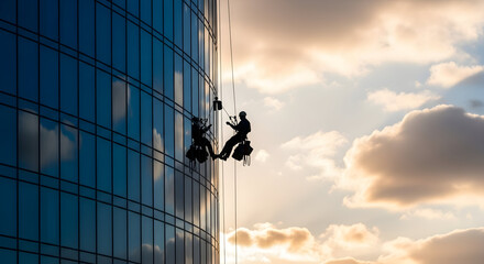 Professional high-rise window cleaners rappelling down a modern skyscraper facade, performing essential maintenance and cleaning against a dramatic, cloudy sky at sunset.