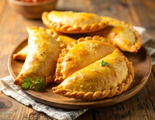Traditional Argentine Empanadas on Wooden Table / Empanadas argentinas tradicionales en mesa de madera © Hexden