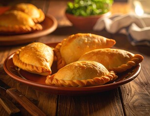Traditional Argentine Empanadas on Wooden Table / Empanadas argentinas tradicionales en mesa de madera © Hexden