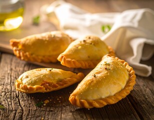 Traditional Argentine Empanadas on Wooden Table / Empanadas argentinas tradicionales en mesa de madera © Hexden