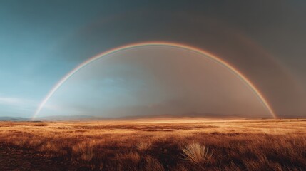 Stunning Rainbow Over Dry Grassland After Rainstorm in Scenic Landscape with Dramatic Cloudy Sky