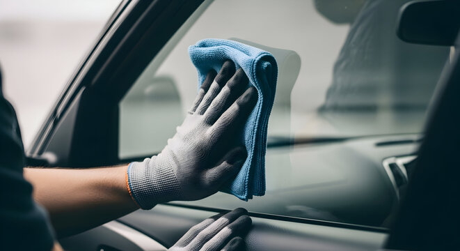 Professional car window cleaning with microfiber cloth, emphasizing meticulous detail and care.