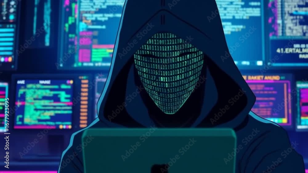 Aufkleber a mysterious figure in a hoodie with a digital coded face stands in front of a glowing data screen i