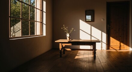 Sunlit room with wooden table and vase