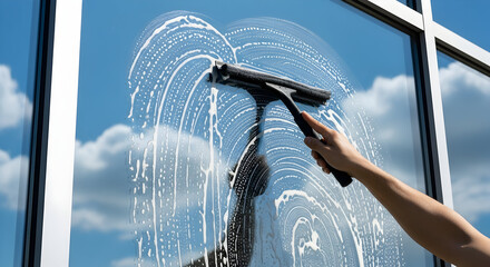 Professional Window Cleaning Service: Hand using a squeegee to clean a sudsy glass window against a bright blue sky