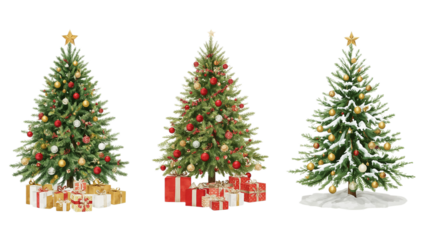 A festive watercolor collection of three beautifully decorated Christmas trees with presents and snow, isolated on a white background