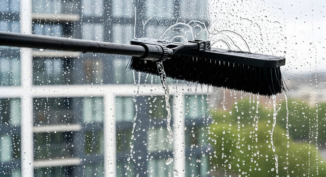 Professional window cleaning with a water-fed pole system on a modern city building facade, showing water splashes and drips for a pristine finish.