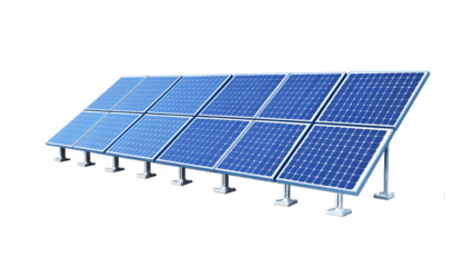 Illustration of a set of solar panels mounted on the ground with a clear blue grid pattern arranged on poles.