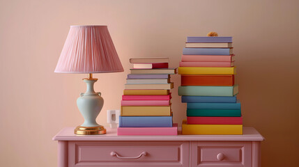 Pile of colorful pastel books arranged neatly beside a vintage lamp on a light pink table, cozy bright studio lighting, cinematic clarity, full HD"