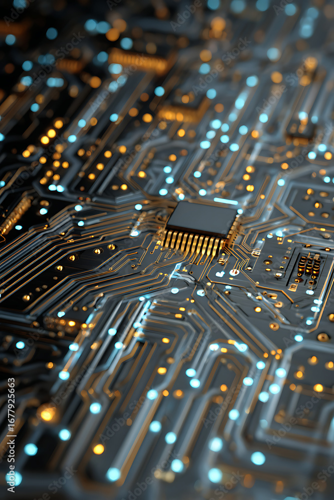 Aufkleber close-up view of a circuit board showcasing intricate pathways and glowing components