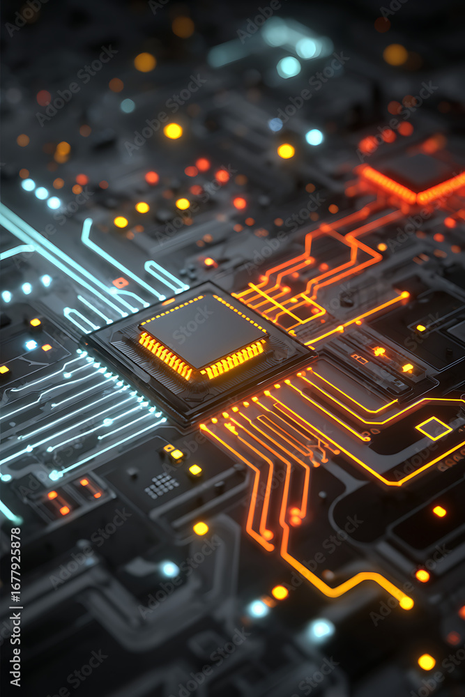 Aufkleber close-up view of a futuristic circuit board with glowing lines and microchip, showcasing technology