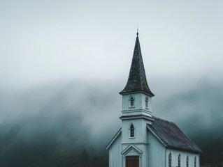 Foggy mountain church steeple; misty landscape; peaceful scene; postcard use