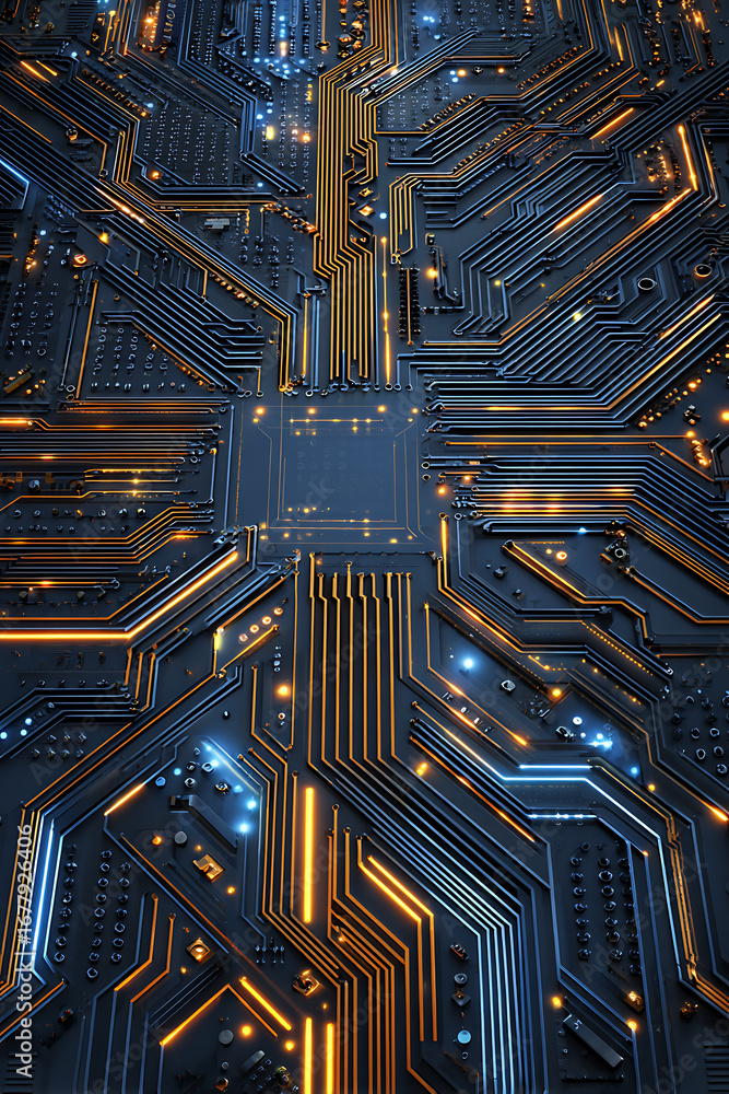 Aufkleber abstract close-up of a complex circuit board with glowing lines, showcasing technology in action