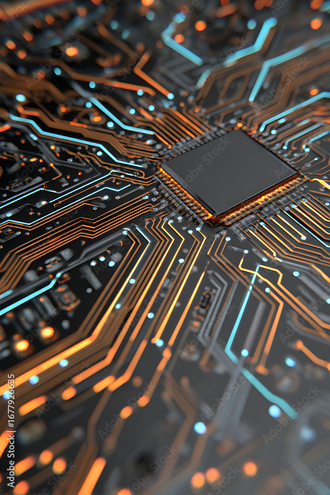 Poster close-up view of a circuit board showcasing intricate pathways and vibrant colors