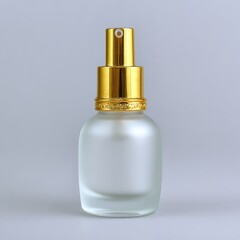 Frosted glass bottle with gold sprayer, studio shot, product mockup