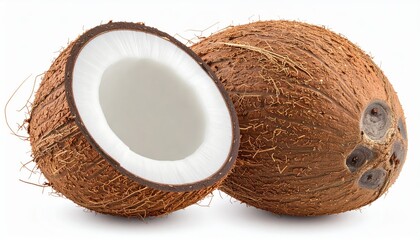 Close-up of a whole coconut and a halved one, displaying the fibrous shell and white flesh, isolated on a white background.