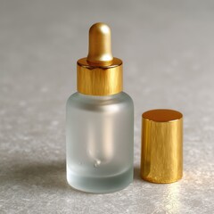 Frosted glass dropper bottle, gold cap, table, studio. Skincare product packaging