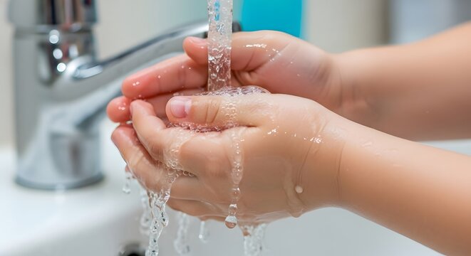 Washing Little Hands A Close-up of Cleanliness and Hygiene Under Running Water