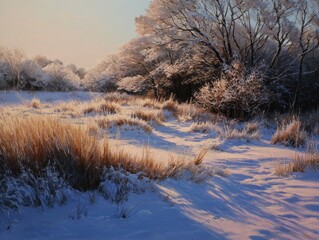Frosty sunrise path through snowy field, winter landscape, nature scene, serene wallpaper