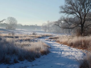 Frosty Winter Path Meadow Sunrise Landscape