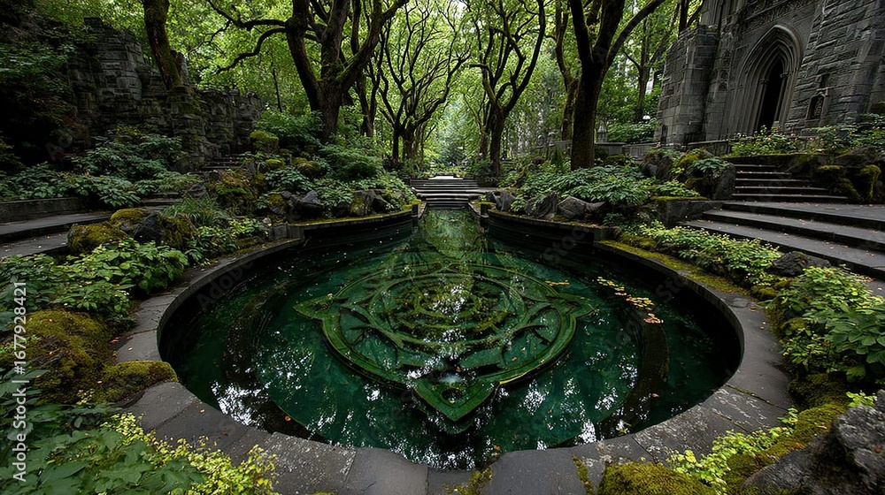 Poster circular pond with intricate design surrounded by lush greenery and trees.