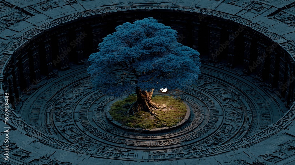 Poster a single tree grows in a circular structure with intricate stone patterns.