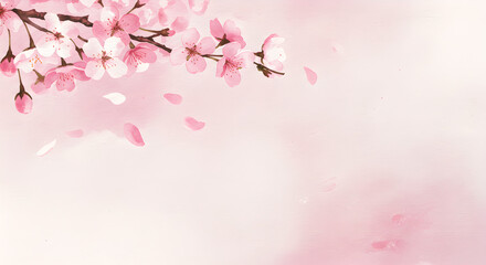 Watercolor cherry blossom branch with falling petals on a soft pink background