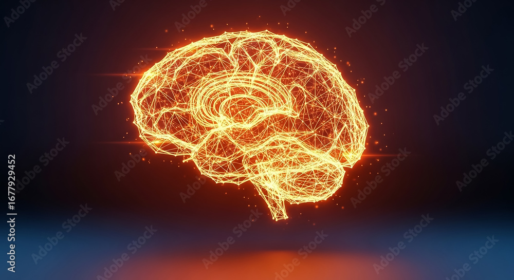 Poster glowing polygonal brain is processing data on dark background