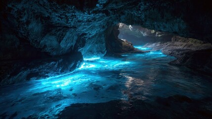 Glowing Blue Cave Water, Coastal Sea Cave, Island
