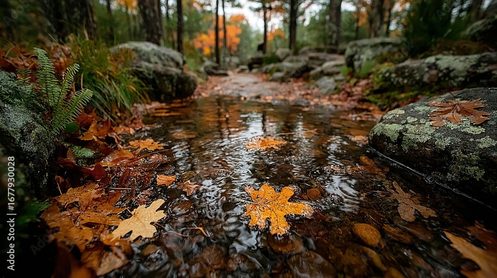 Poster autumn leaves float in a puddle on a forest path surrounded by trees.