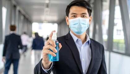 Man in a mask holding hand sanitizer spray in a walkway
