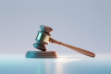A wooden gavel resting on its block against a light blue and white gradient background in soft lighting