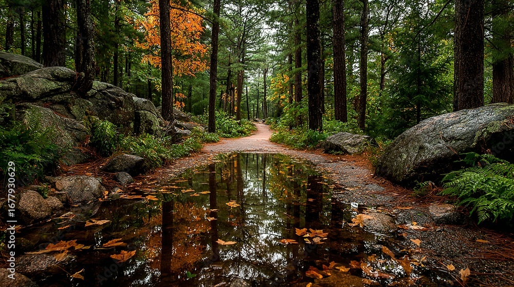 Poster forest path with puddle reflecting trees and sky autumn colors nature scene.
